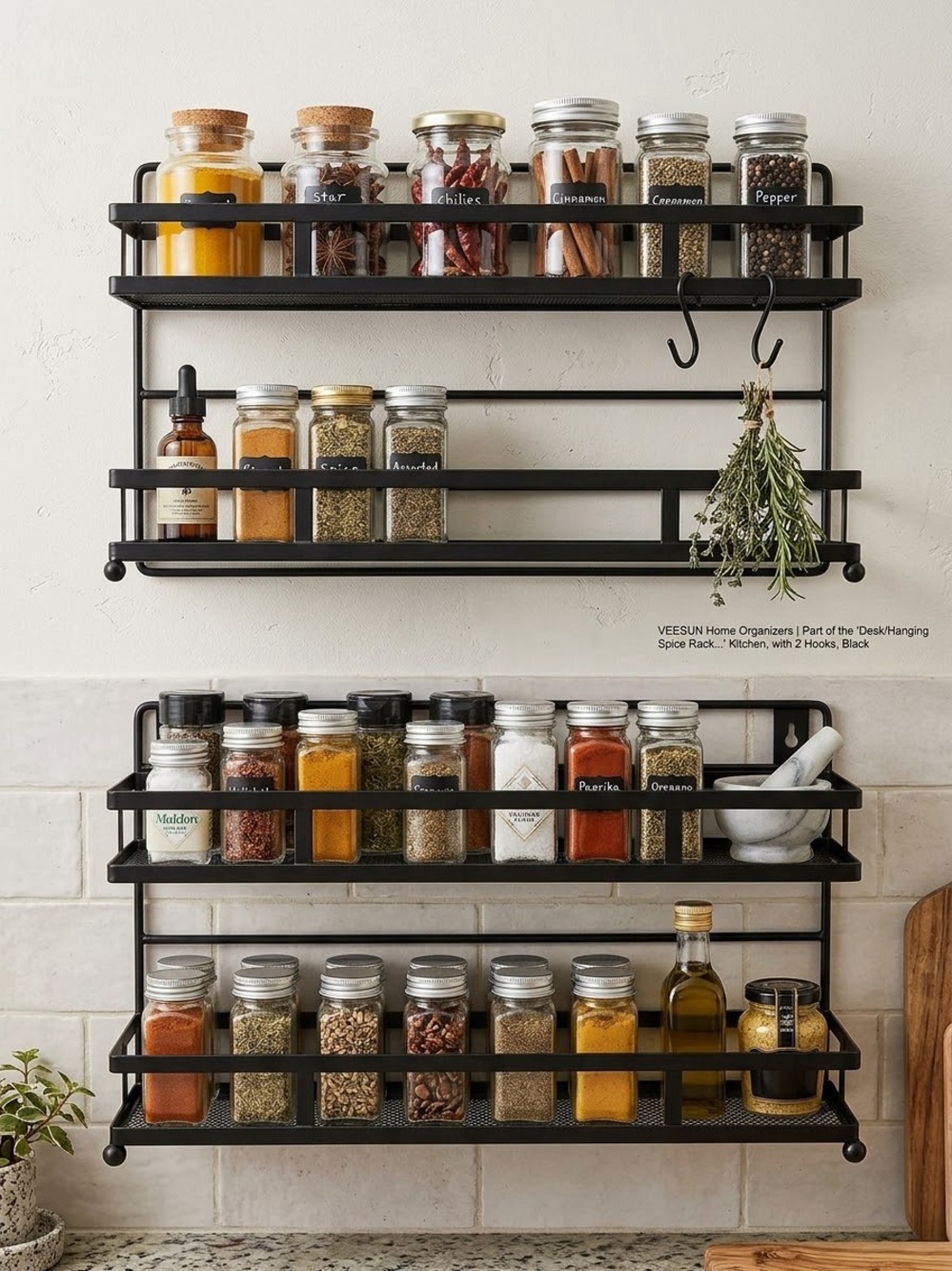 2-Tier Mesh Organizer Spice Rack Countertop Wall Mount Black